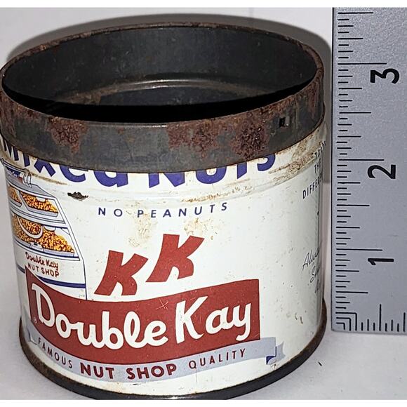 Vintage Original Double Kay Nut Shop Tin Great Graphics 3 Inch See Desc & Pic - Picture 7 of 12